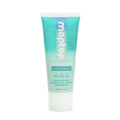 MopTop Curl Cream bottle closeup showing sleek packaging and frizz-control promise.