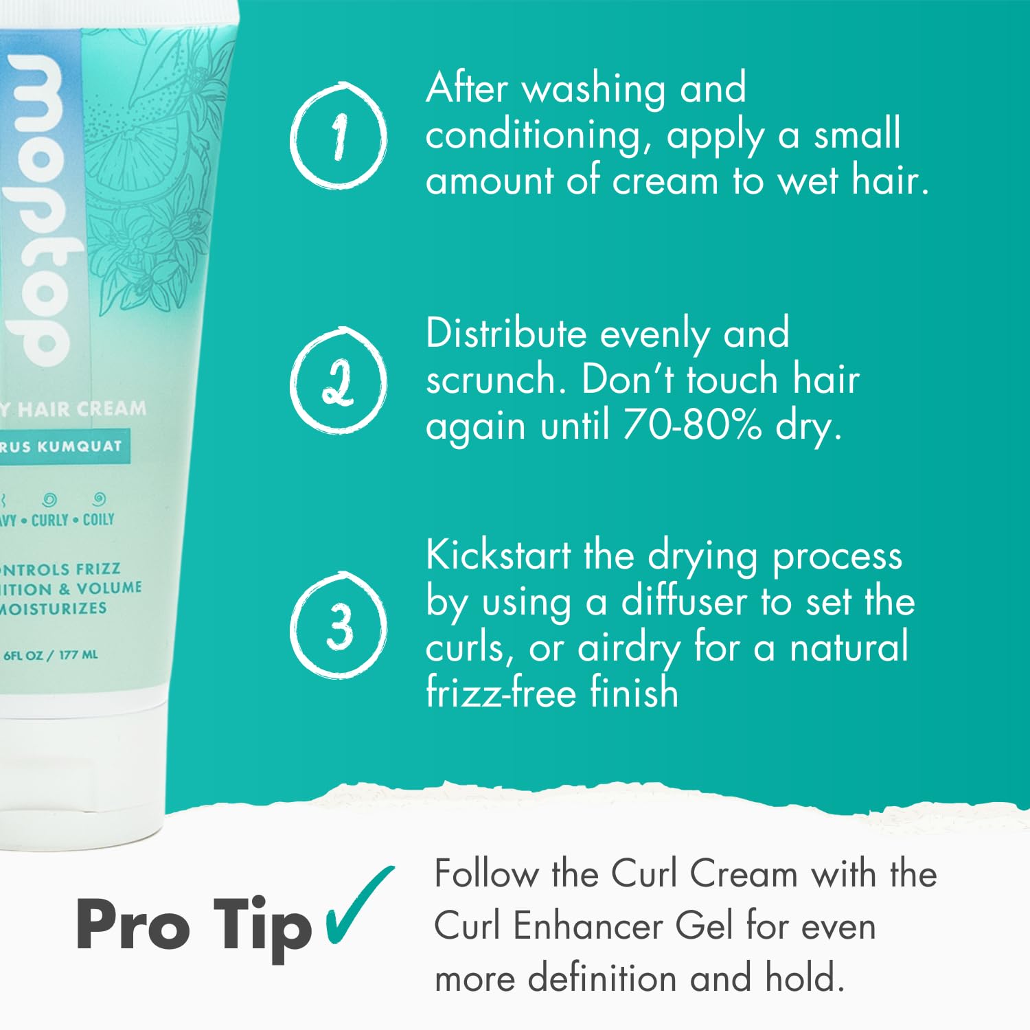MopTop Curl Cream Citrus Kumquat fragrance adds a refreshing scent during styling.