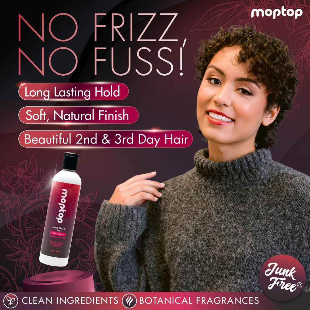 MopTop Gel anti-frisottis pour cheveux soyeux et maîtrisés.