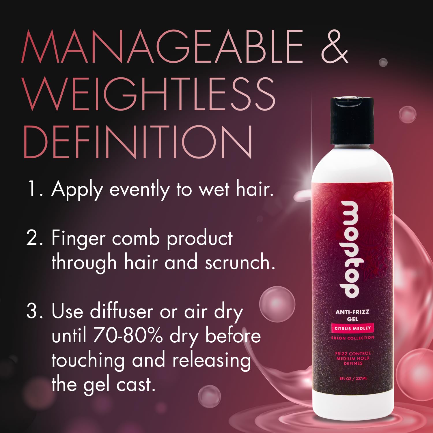 MopTop Gel pour cheveux ondulés, bouclés et frisés, tous types.
