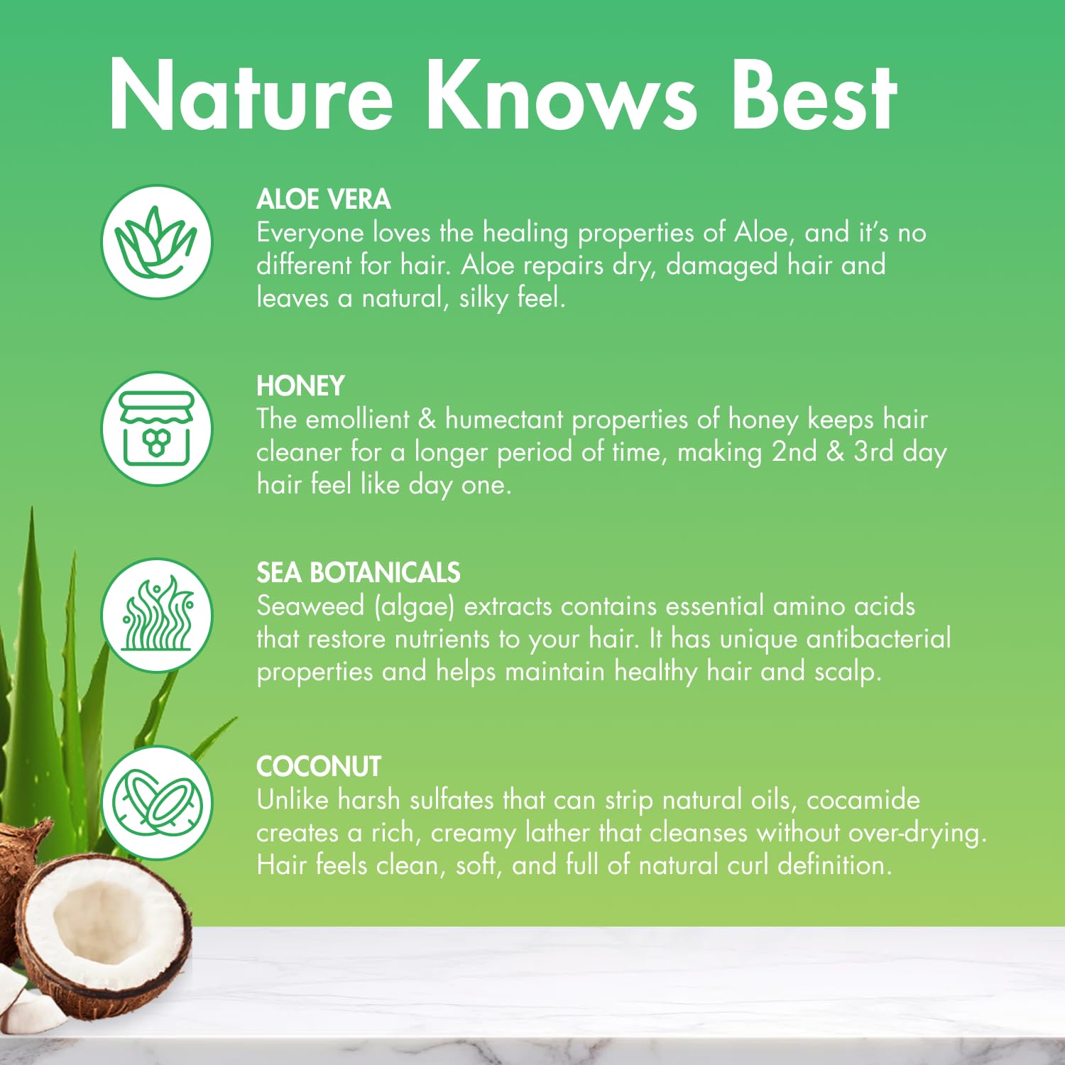 MopTop ingrédients coco miel aloe — formule sans sulfates et sans parabènes.