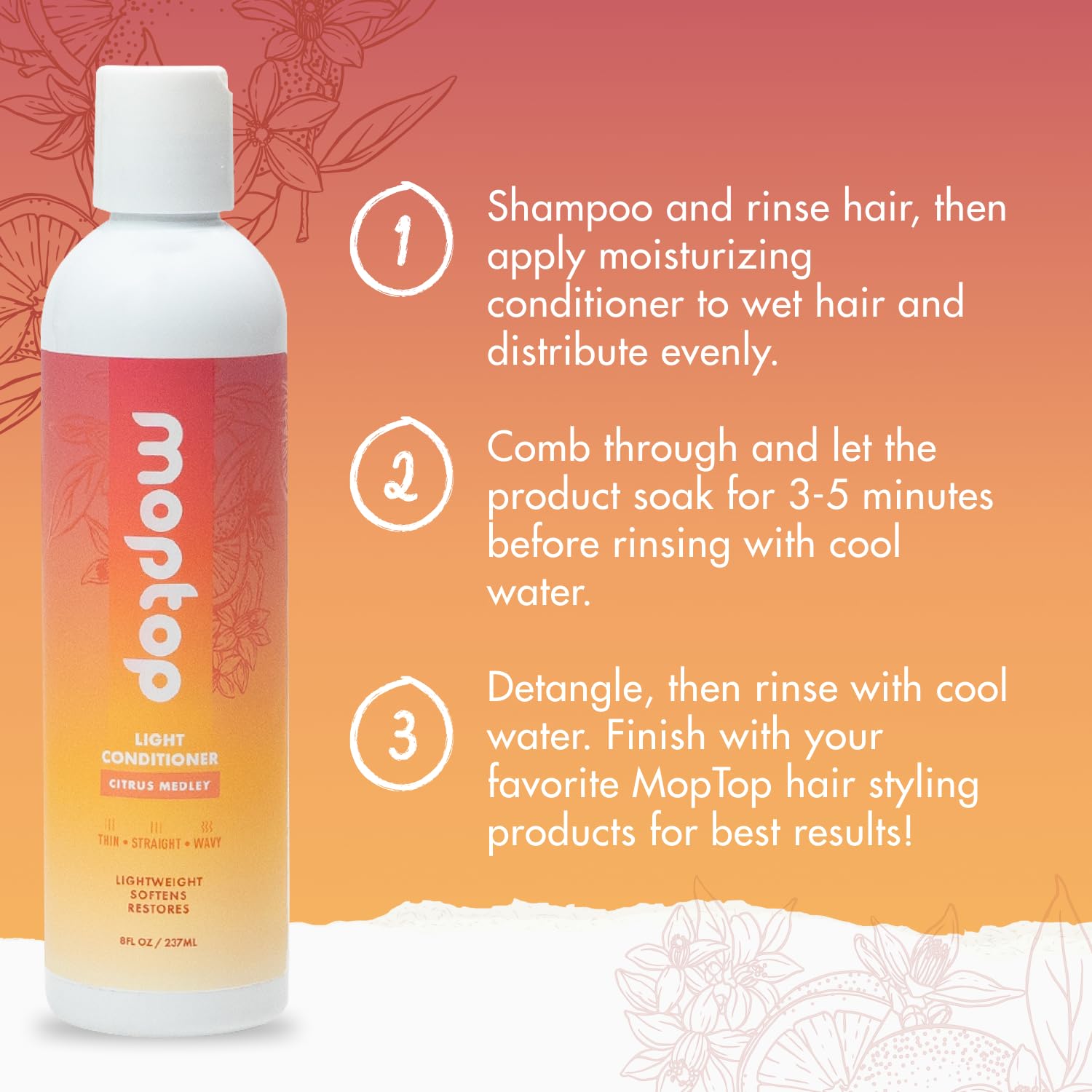 MopTop Packaging-Citrus-Medley, parfum frais rappelant les agrumes pendant le soin.