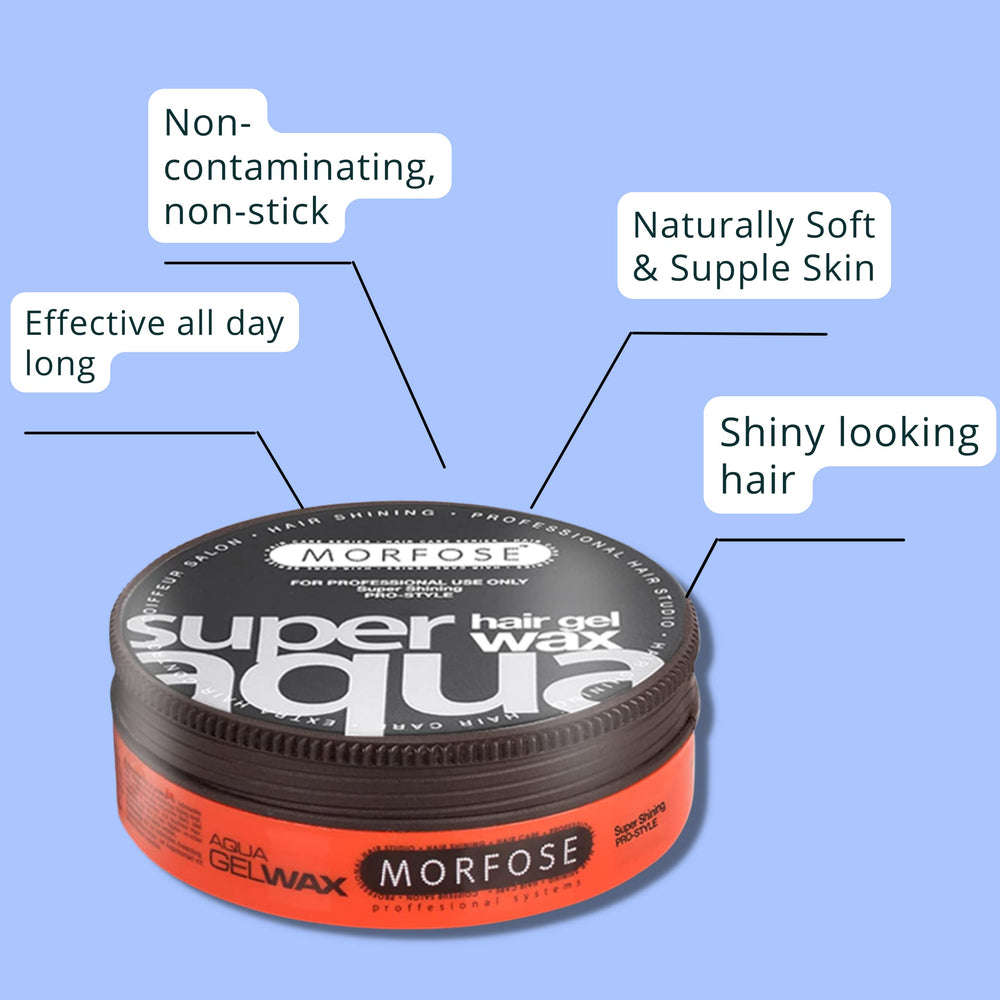 Morfose Super Aqua Gel Wax – emballage compact idéal pour le voyage.