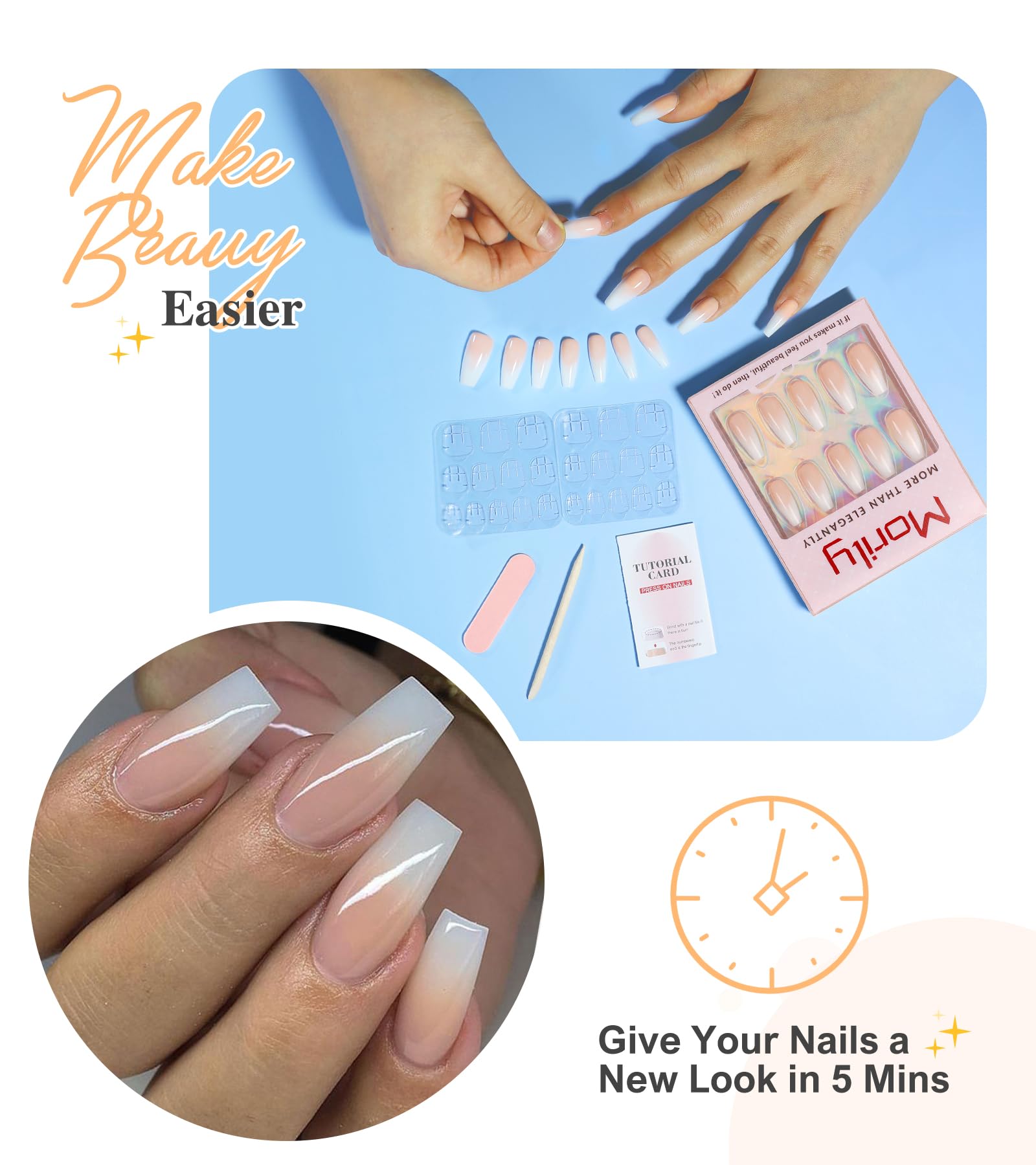 Ongles Morily rose ombré coffin, 12 tailles pour un ajustement.