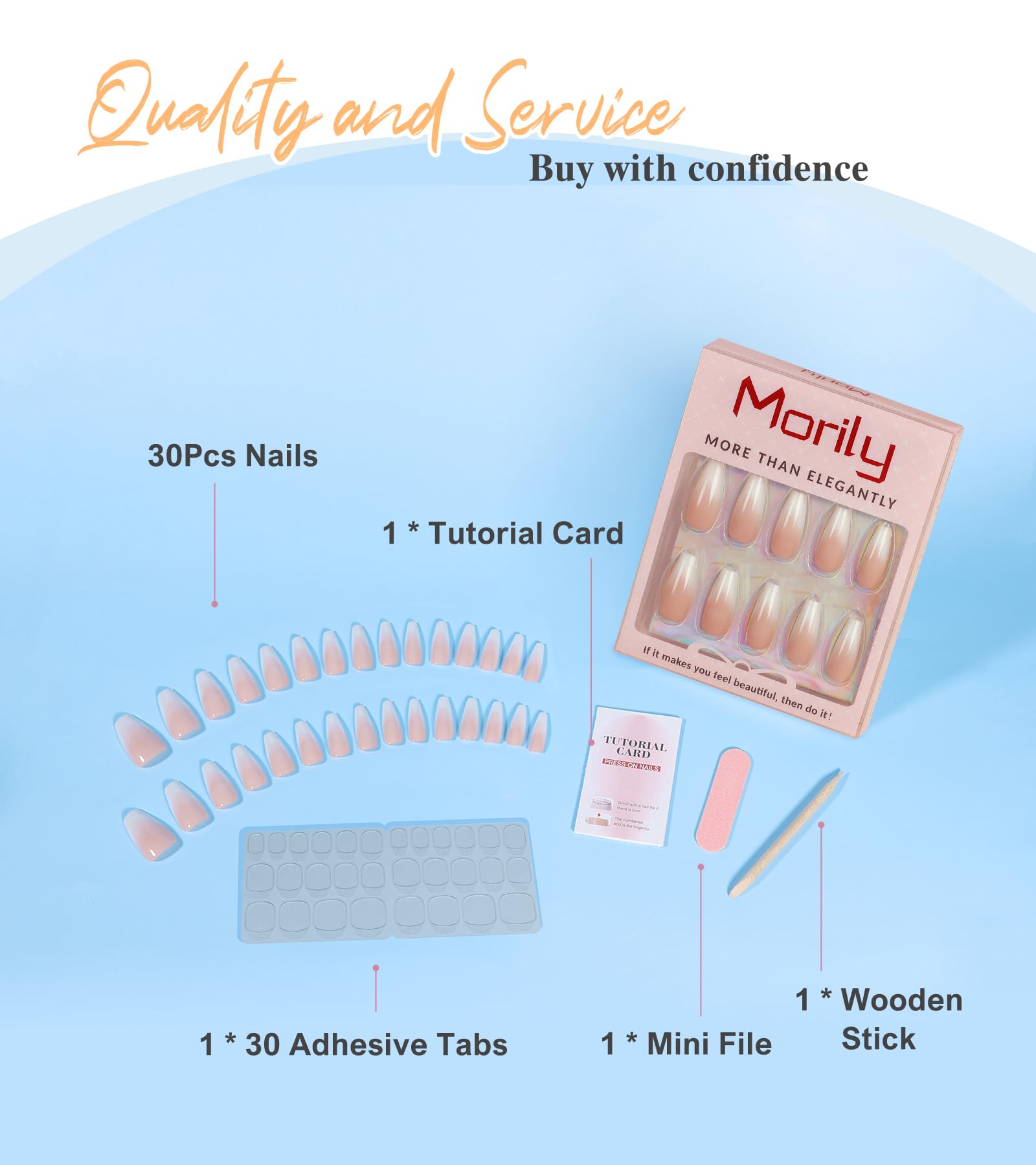 Ongles Morily rose ombré coffin, longueur moyenne, brillance durable.