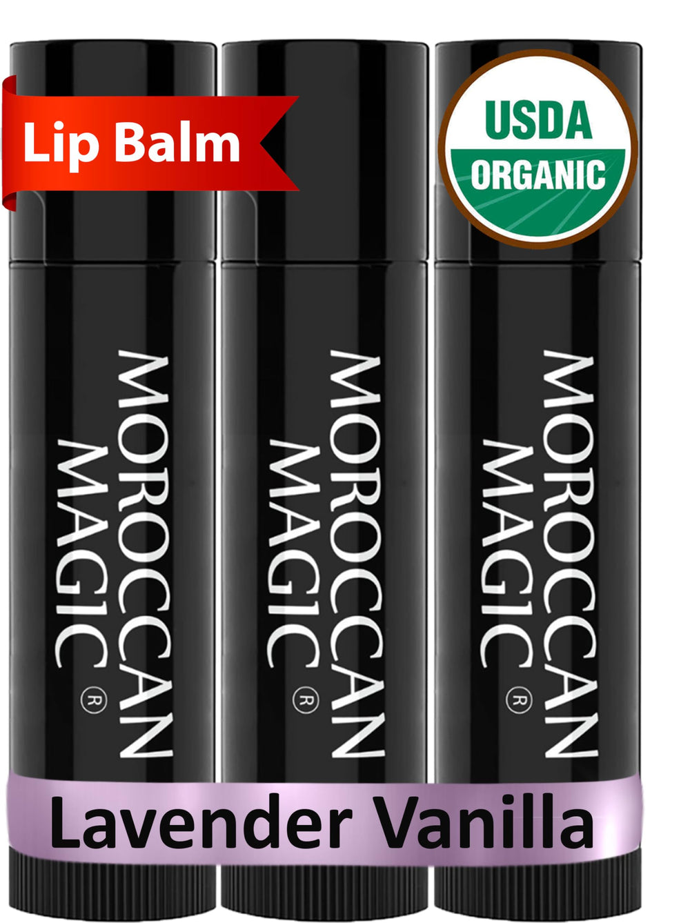 Moroccan Magic baume lèvres lavande vanille, pack 3, hydratation durable.