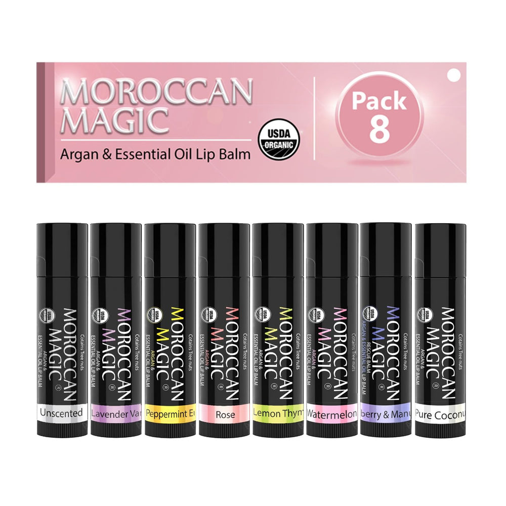 Coffret Moroccan Magic de 8 baumes pour lèvres, cadeau élégant et naturel