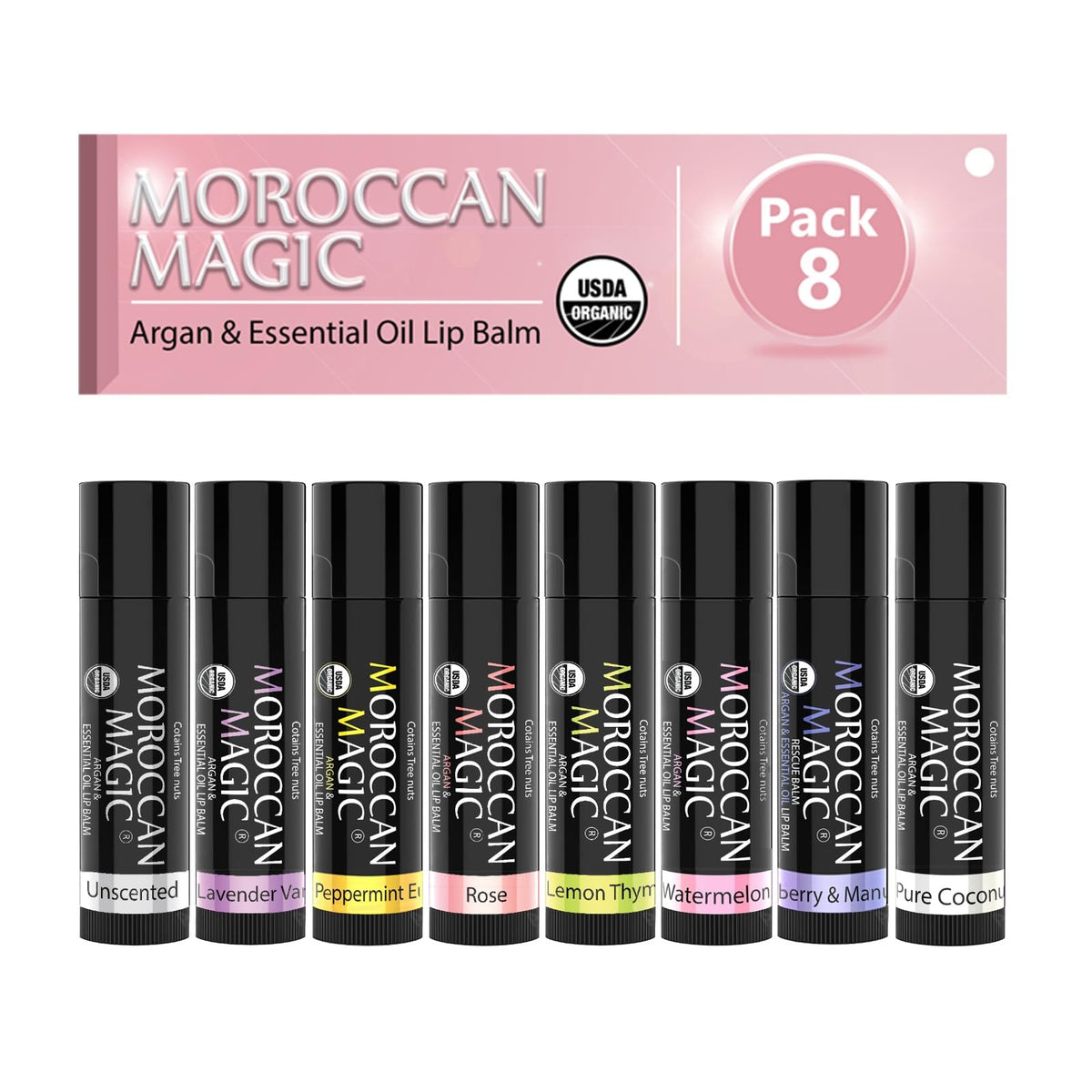 Coffret Moroccan Magic de 8 baumes pour lèvres, cadeau élégant et naturel