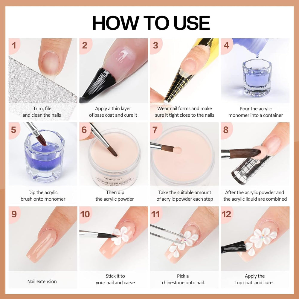 Morovan 12 color acrylic powder kit on a manicure station for DIY nails