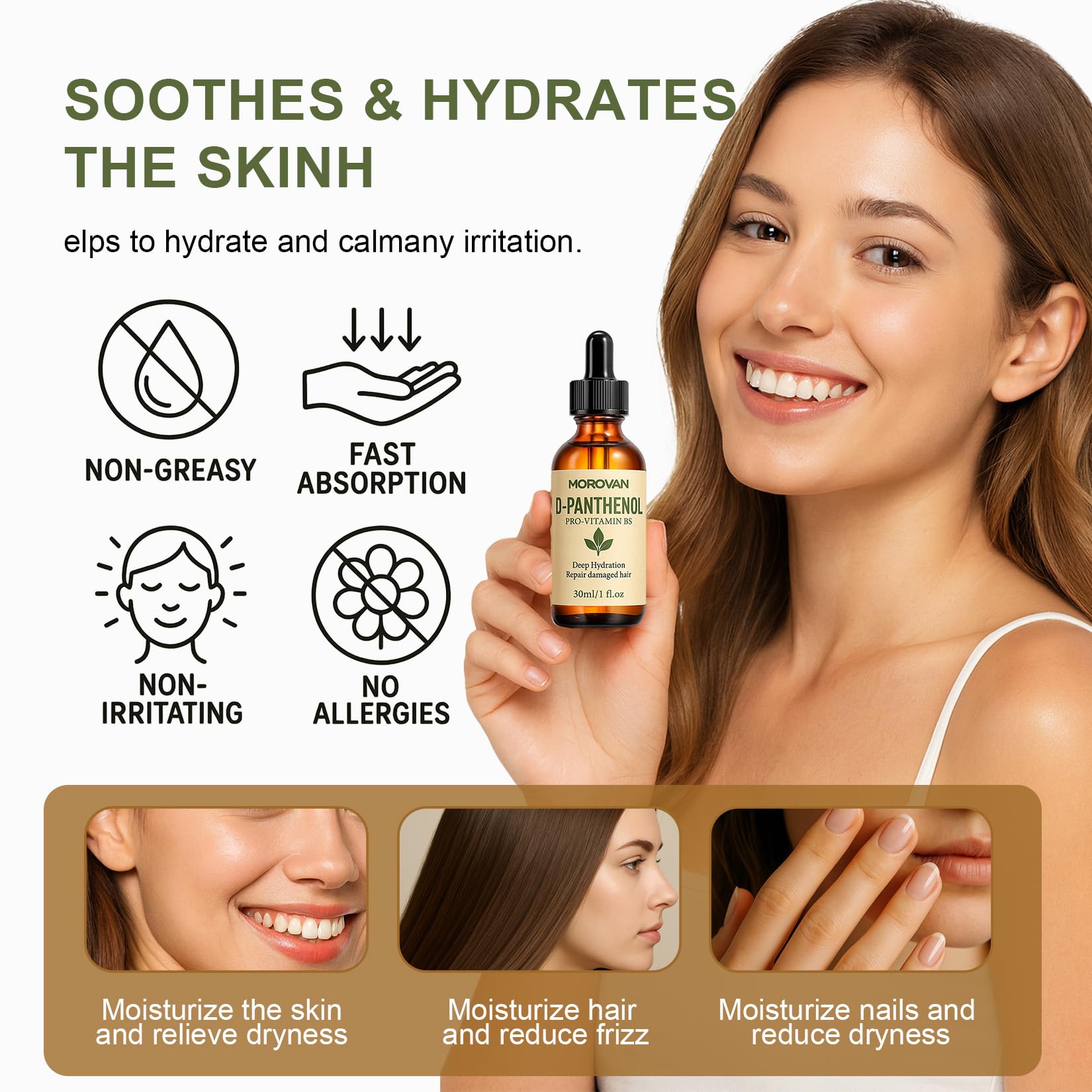 Morovan D-Panthenol Liquide Cheveux, nourrissant pour des longueurs lumineuses.