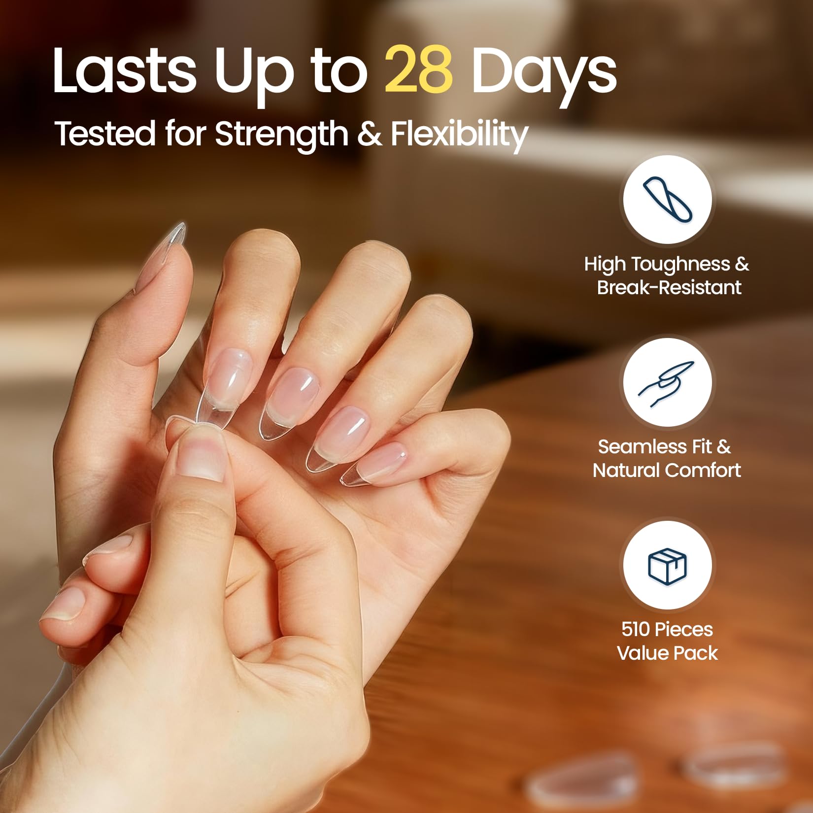 Morovan embouts d'ongles amande moyenne, apex integre, durabilite accrue et fini lisse.