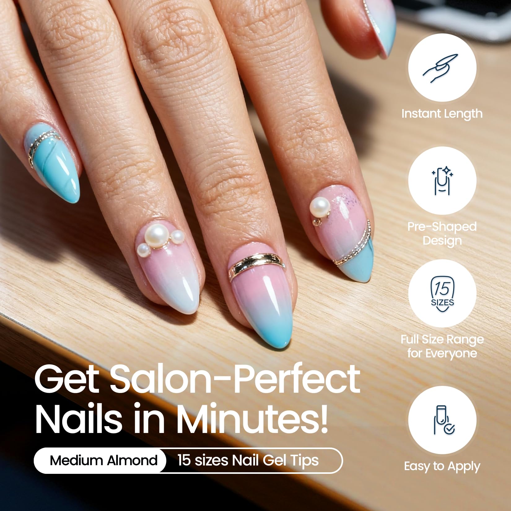 Morovan embouts d'ongles amande moyenne, surface buffee, adhesion optimisee pour une pose durable.