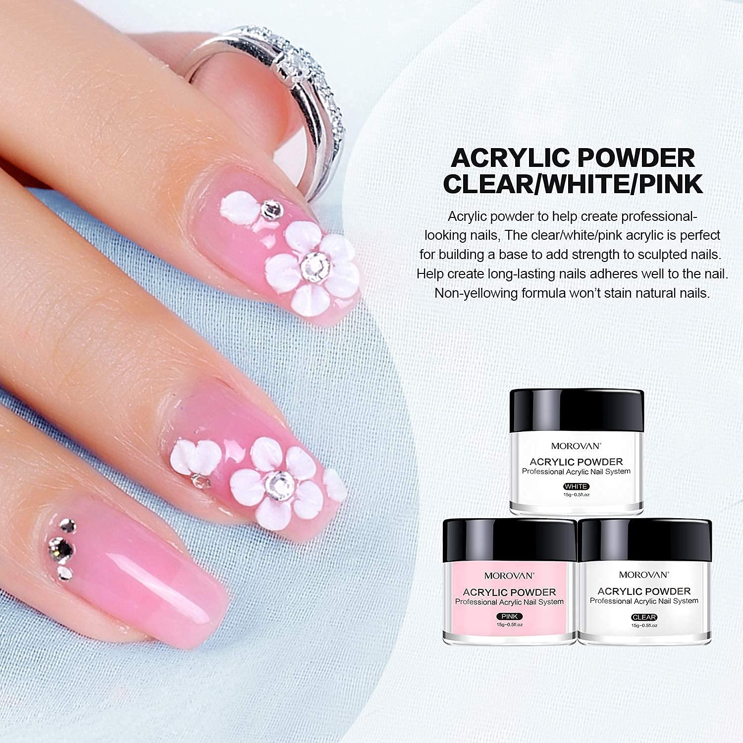 Morovan kit-acrylique-poudre-clair : teinte transparente pour des ongles légers.