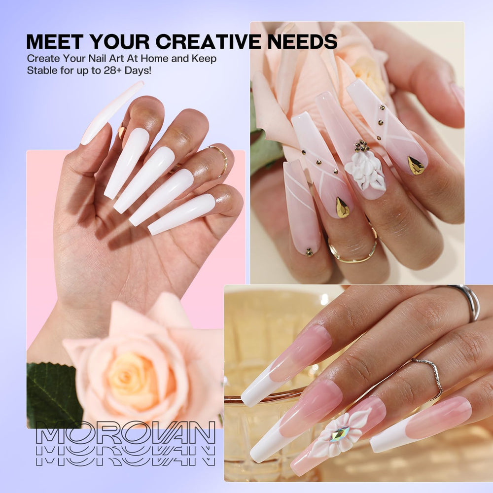 Morovan Monomer Liquide compatible avec diverses poudres acryliques pour des looks variés.