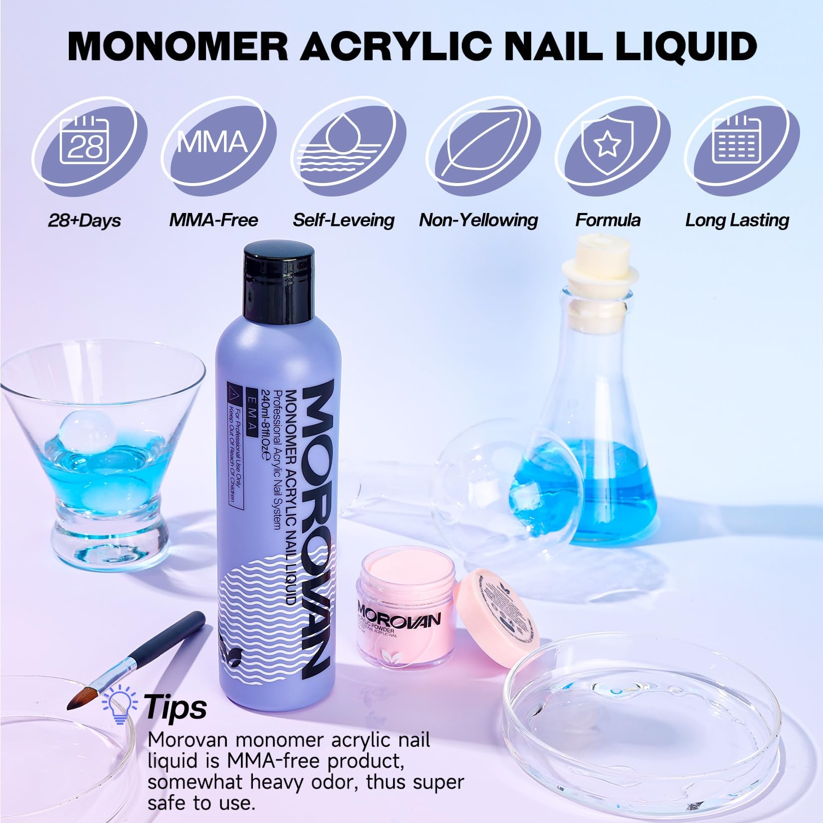 Morovan Monomer Liquide présente une consistance fluide facilitant l’application soignée des ongles.