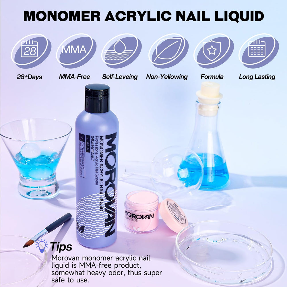 Morovan Monomer Liquide présente une consistance fluide facilitant l’application soignée des ongles.