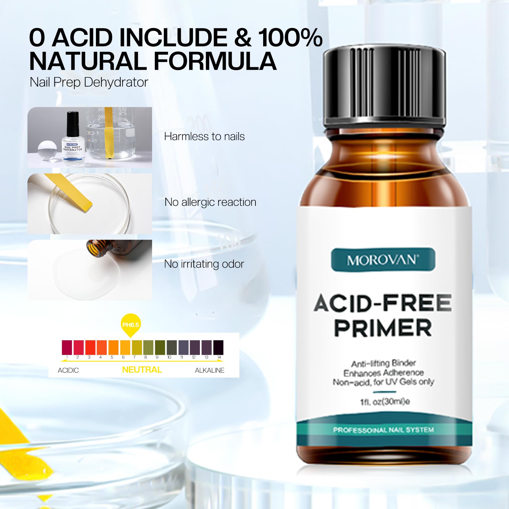 Morovan Primer applied on nail to create a smooth base for gel or acrylic.