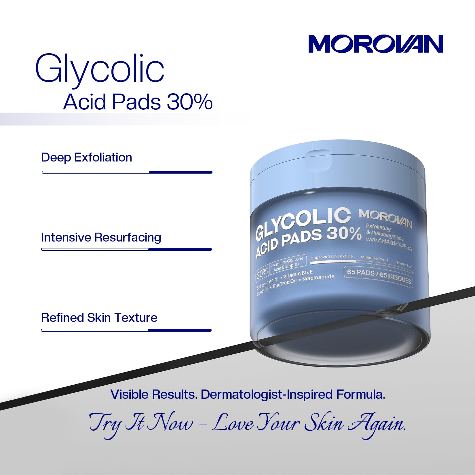 Morovan tampons glycoliques 30% - routine quotidienne simplifiée avec exfoliation légère.