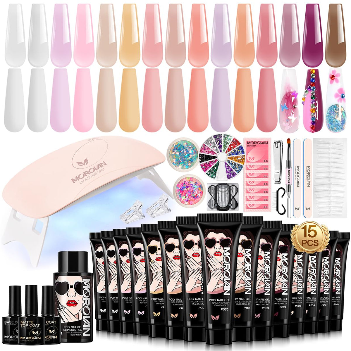 Morovan poly gel nail kit with 15 colors for versatile at-home nail art