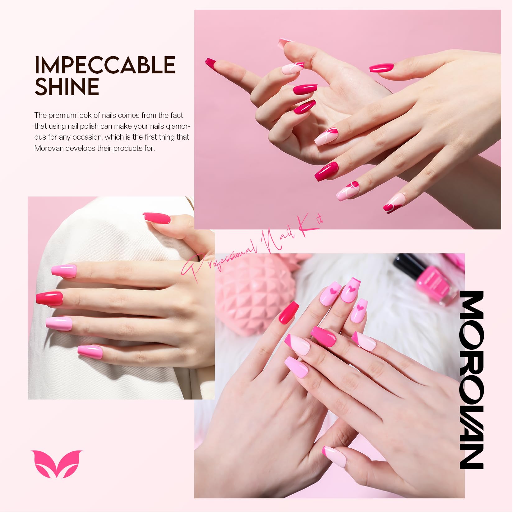 Morovan vernis rose pale pour une manucure douce et lumineuse.