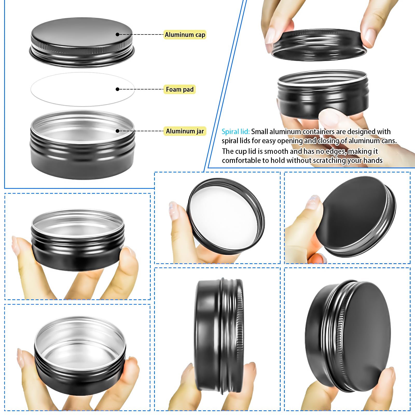 MotBach boîtes aluminium 2oz dimensions compactes 68mm x 25mm pour emporter.