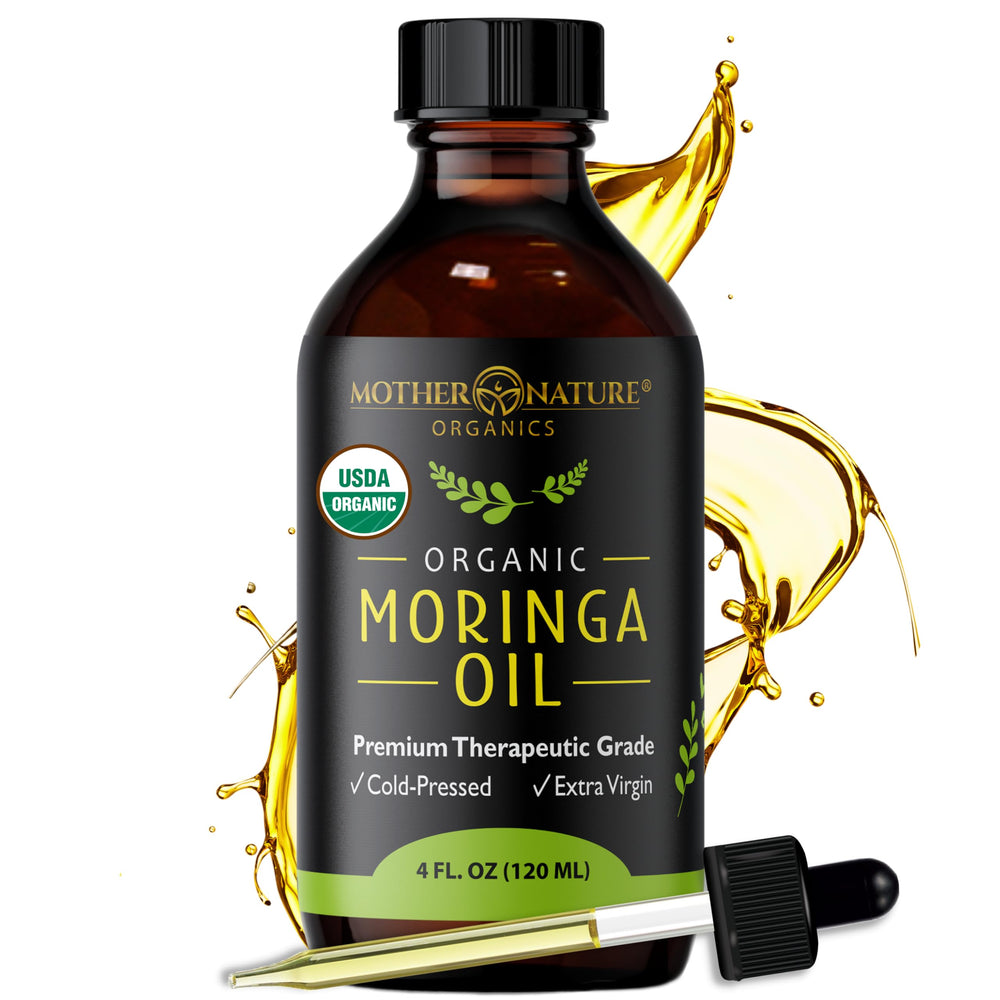 Huile Moringa Mother Nature Organics en bouteille 4 oz, prête à l’emploi pour peau et cheveux