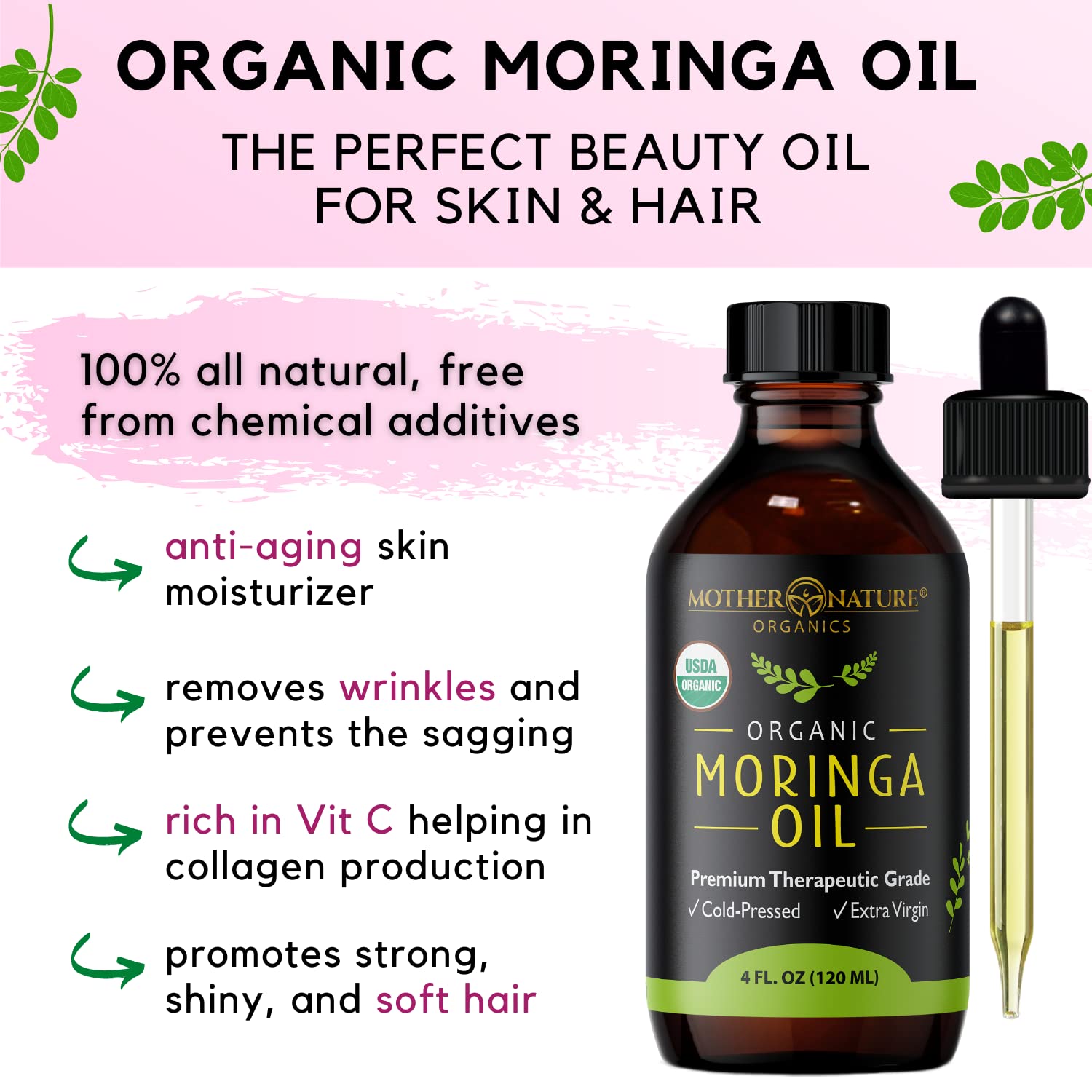 Huile Moringa sans gluten de Mother Nature Organics, usage polyvalent