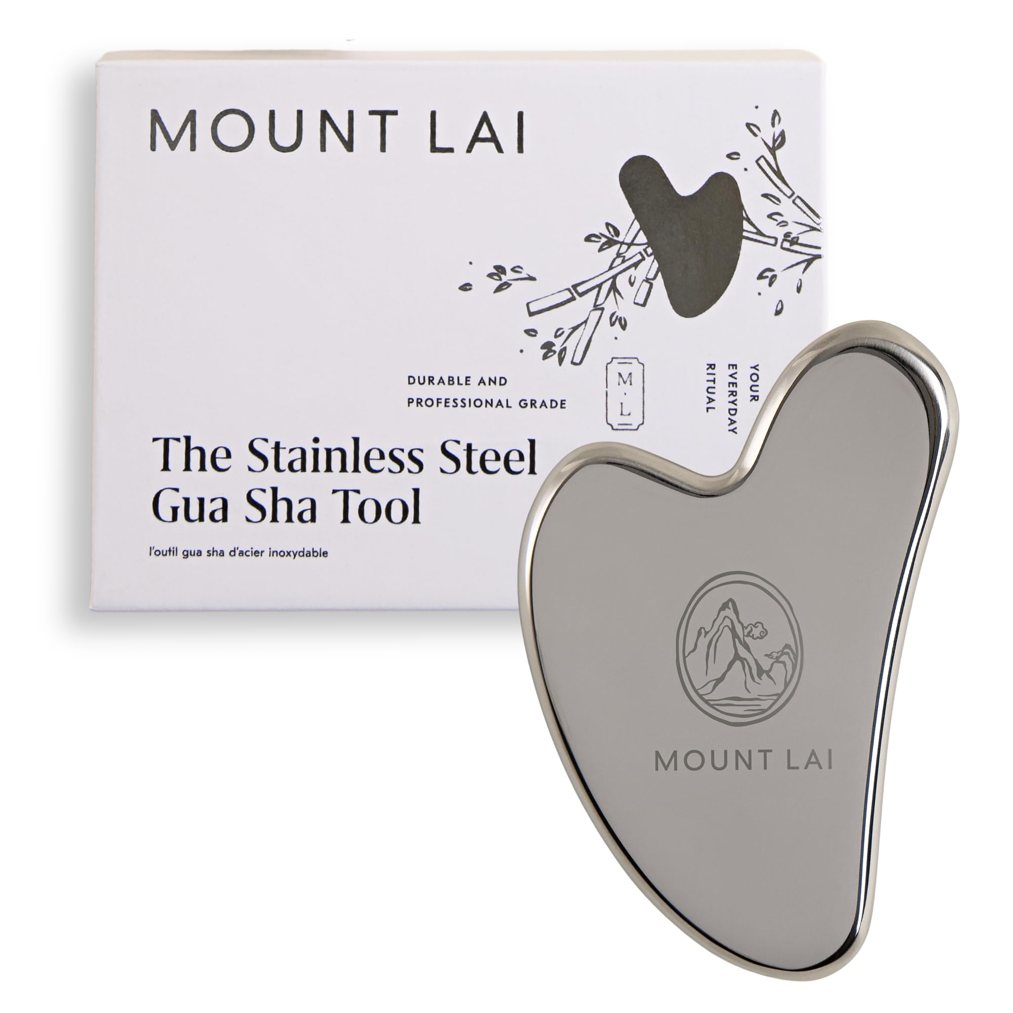 Mount Lai Gua Sha en acier inox – visage-avant, refroidissement rafraîchissant et contour défini.