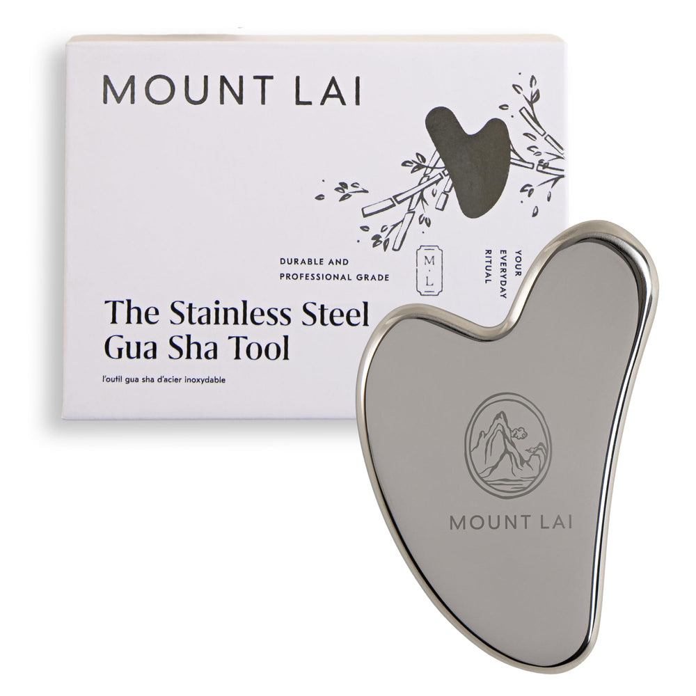 Mount Lai Gua Sha en acier inox – visage-avant, refroidissement rafraîchissant et contour défini.