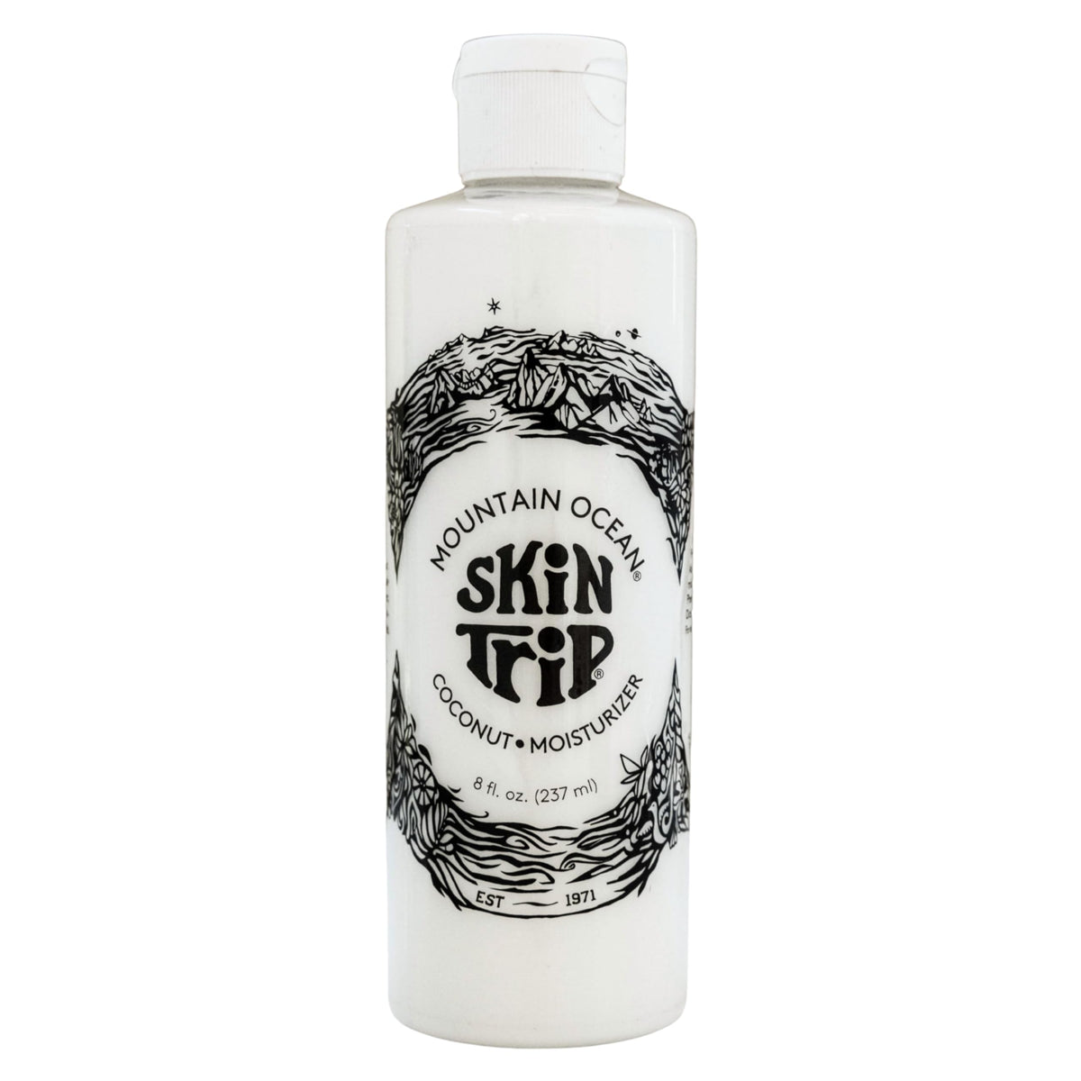 Mountain Ocean Skin Trip Lotion pour le corps coco, bouteille élégante prête pour hydratation rapide.