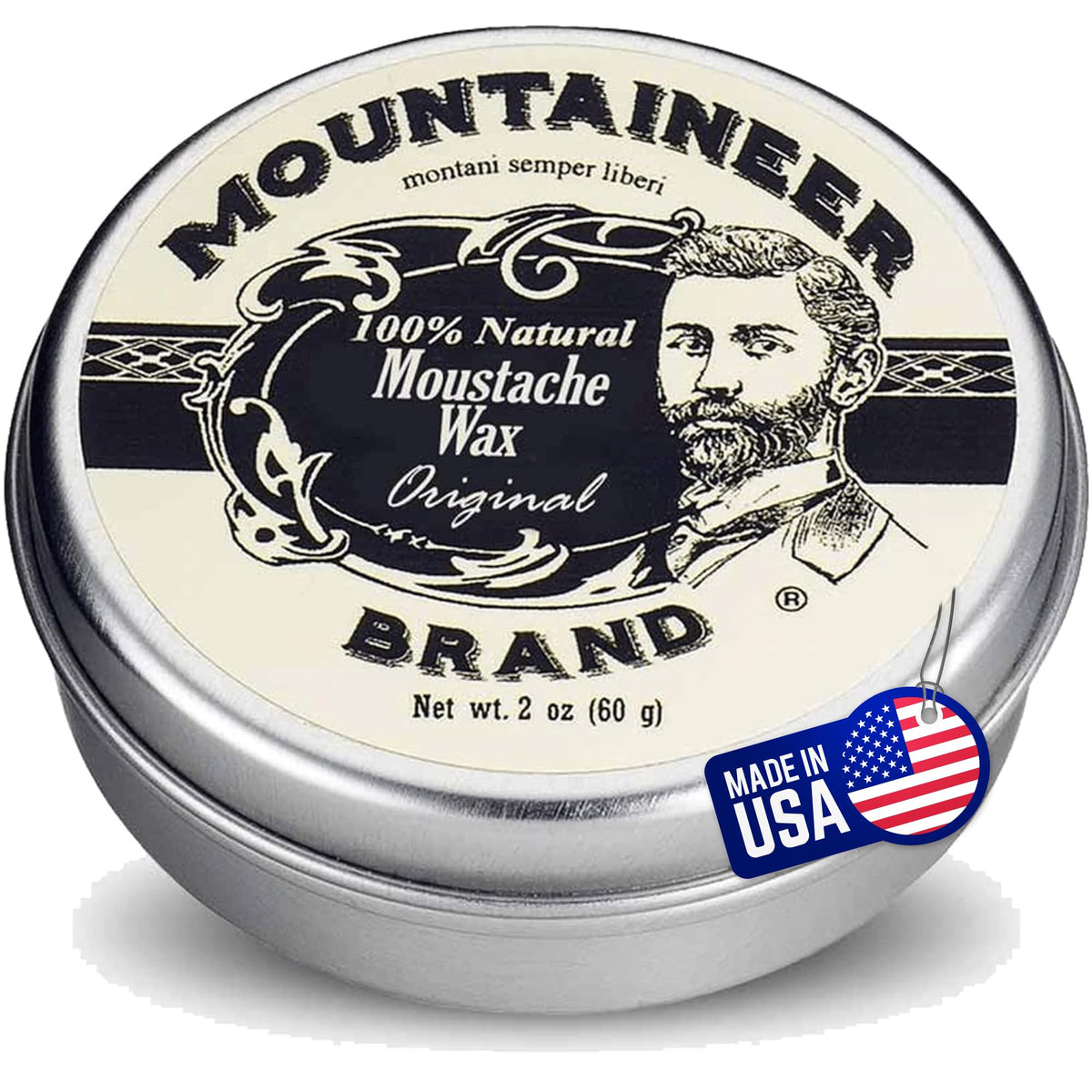 Cire moustache Mountaineer Brand Original au parfum cèdre et sapin, tenue durable.