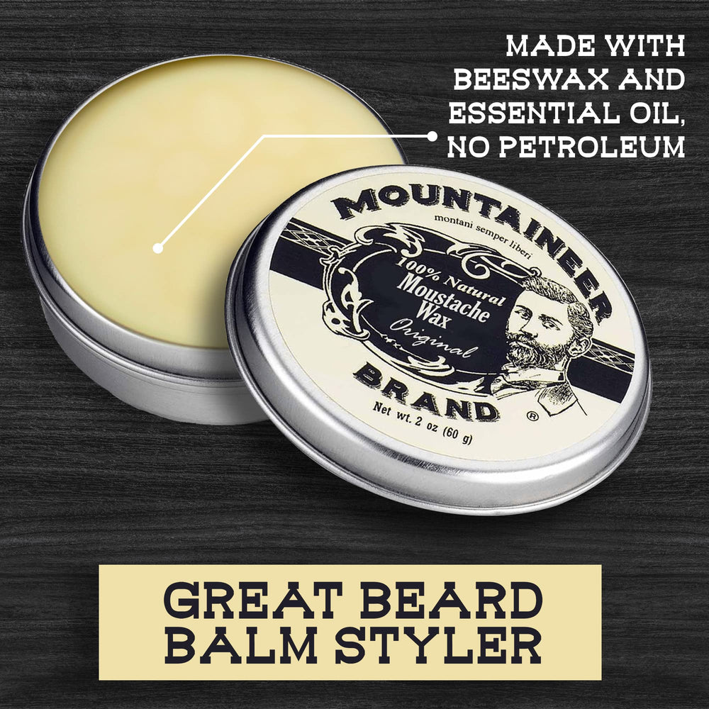 Moustache bien définie après usage, parfum boisé Mountaineer Brand Original.