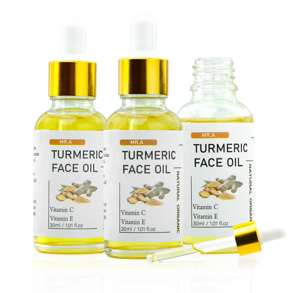 MR.A huile curcuma visage—bouteille avec pipette pour hydrater et nourrir la peau.
