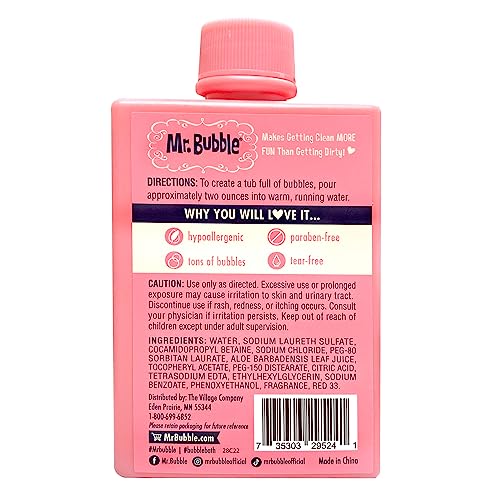 Close-up of Mr. Bubble bubbles and bubblegum scent for playful baths.