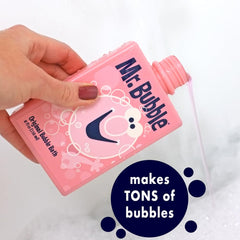 Family enjoying bath time with Mr. Bubble, safe for all ages.
