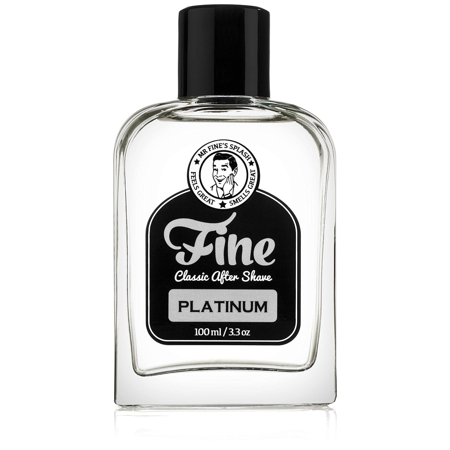 Mr. Fine Aftershave Platinum, flacon close-up, sensation rafraîchissante après rasage.