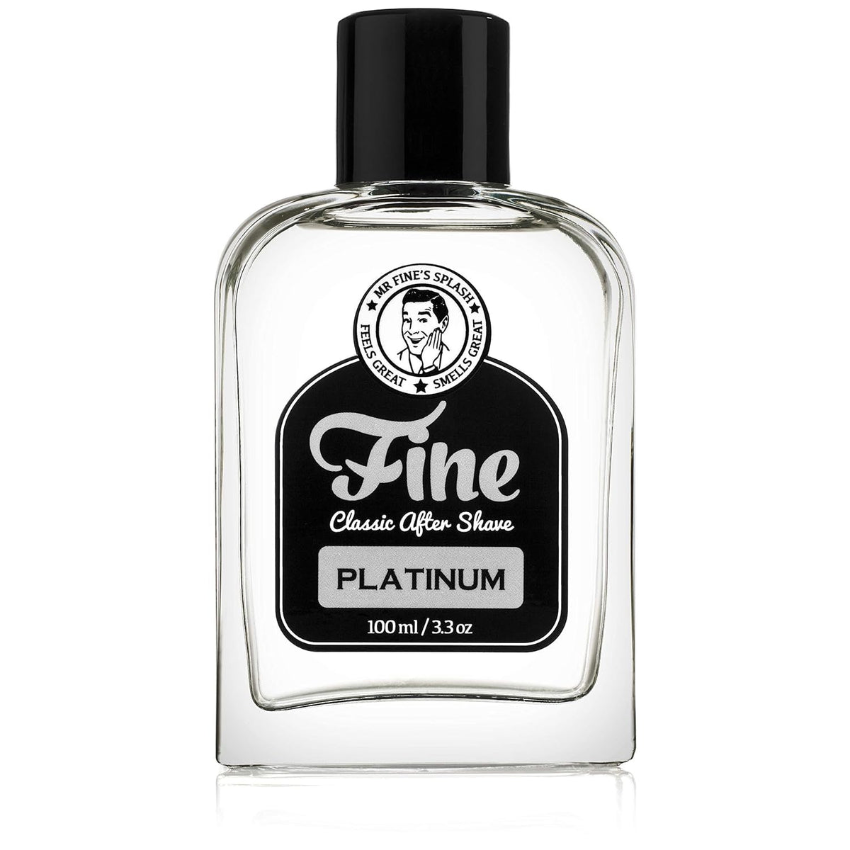 Mr. Fine Aftershave Platinum, flacon close-up, sensation rafraîchissante après rasage.