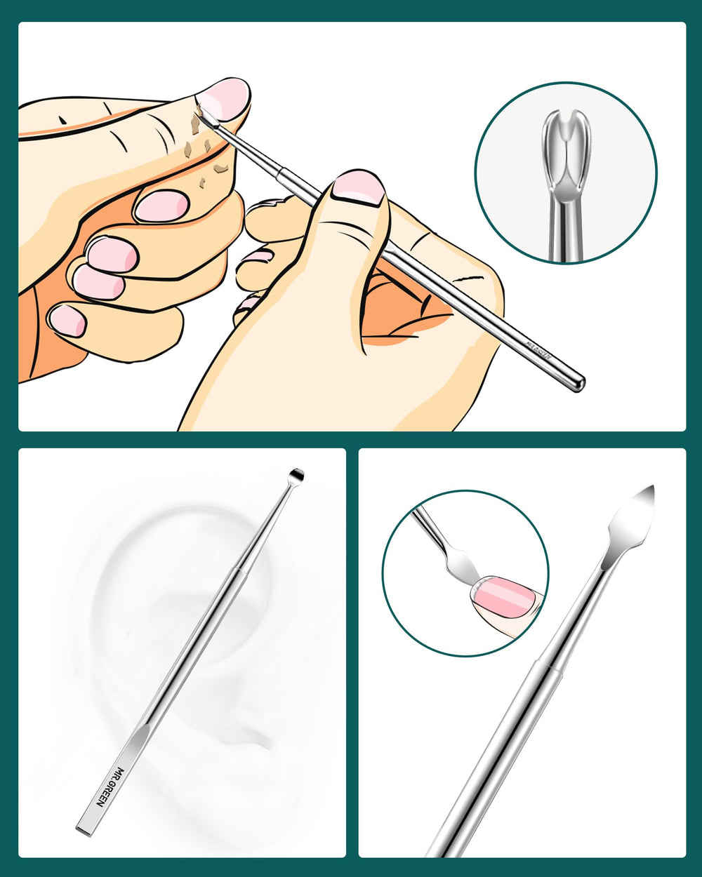 MR.GREEN batonnette-poussoir-V inox, outil utile pour repousser les cuticules