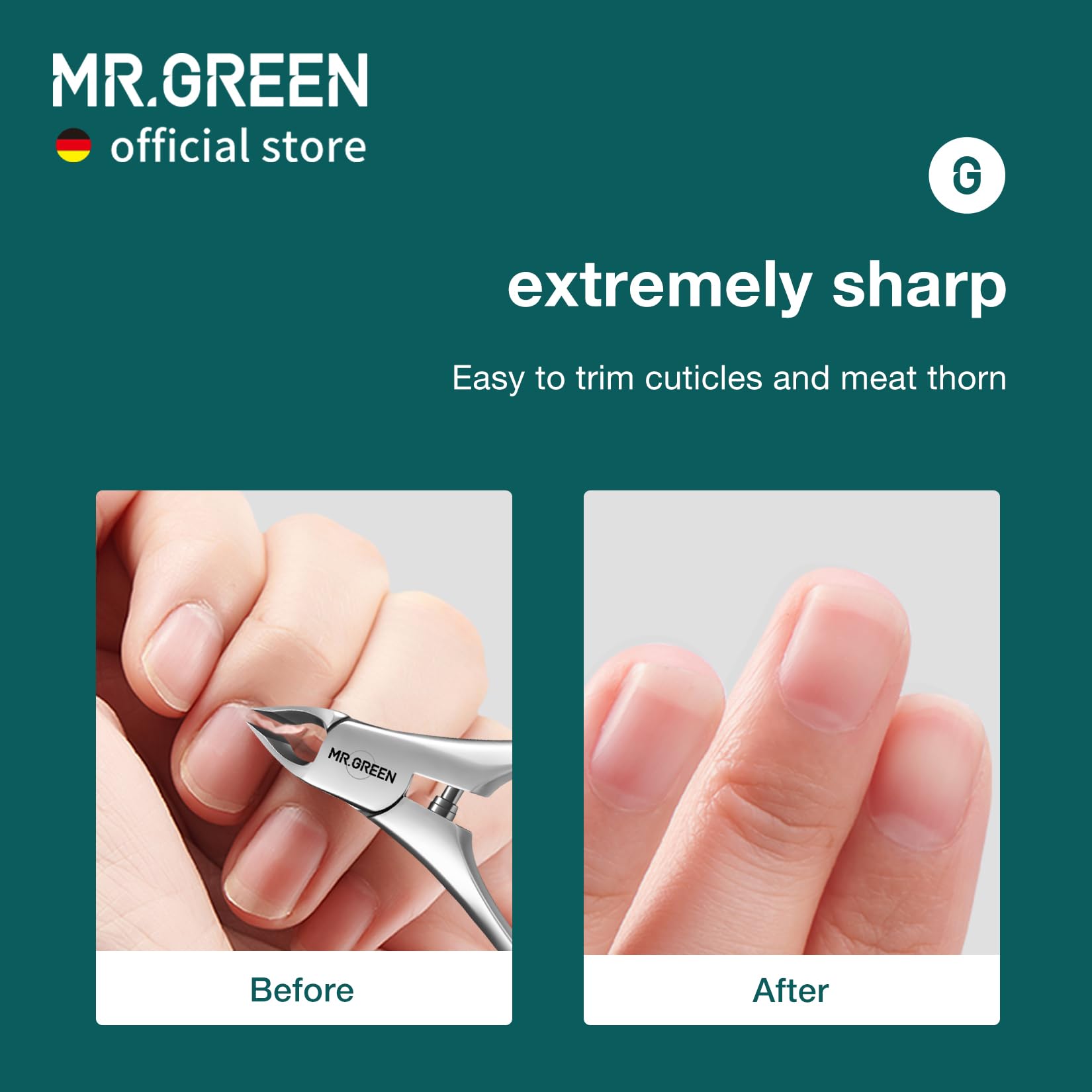 MR.GREEN Cuticle Nippers lame inclinée facilitant l’élimination des cuticules sans bloquer la vue.