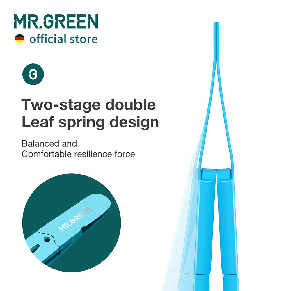MR.GREEN pinces à sourcils avec ressort double bleu assurant une résistance équilibrée.