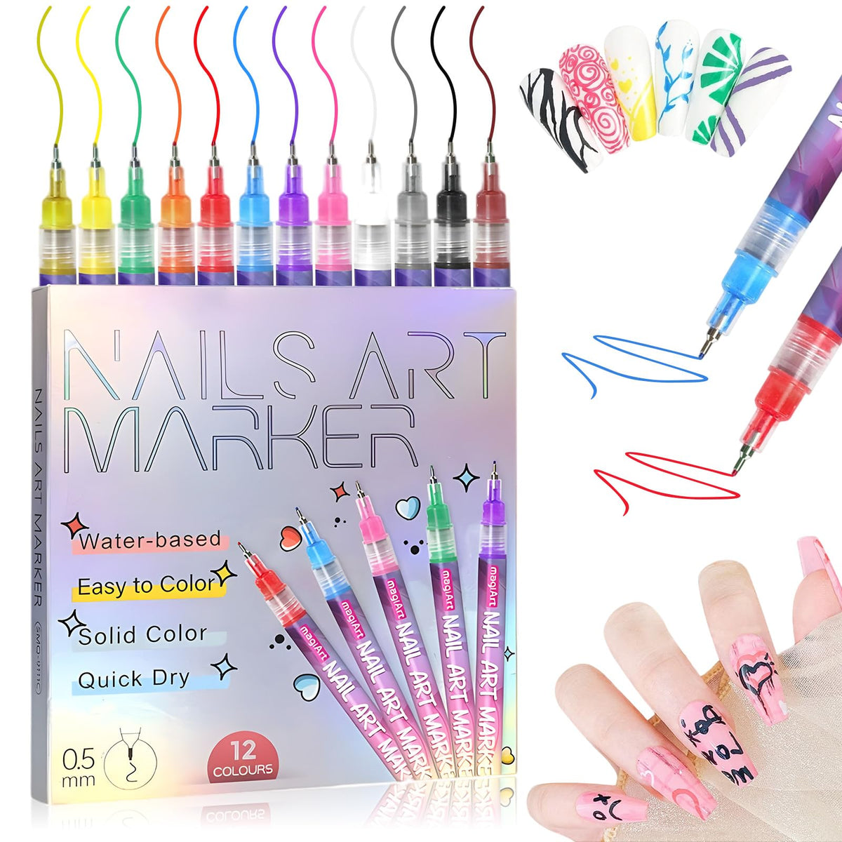 Mrryiio feutres d'art des ongles, 12 couleurs, pointe 0,5 mm pour motifs précis