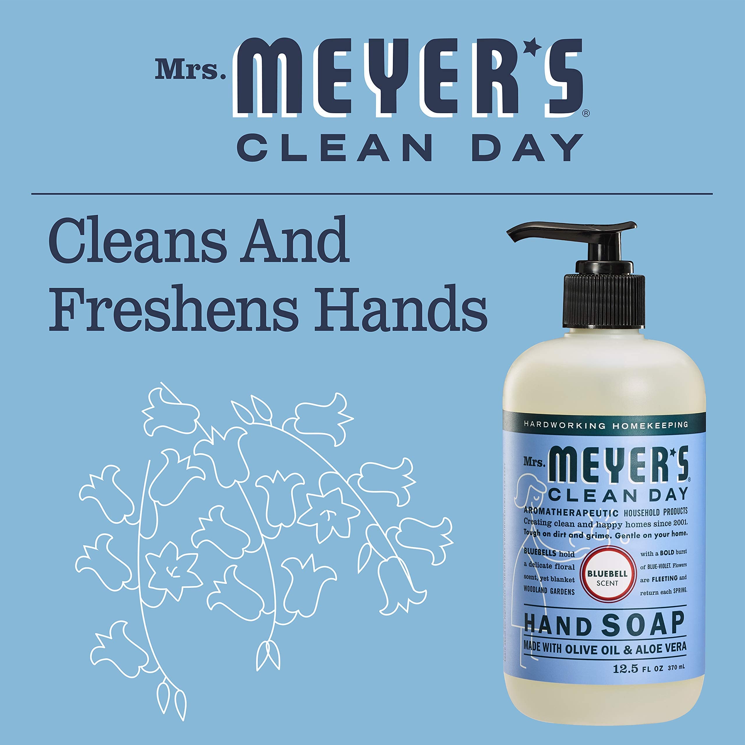Mrs Meyers Bluebell Savon mains, parfum floral durable.
