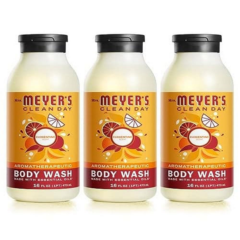 Mrs. Meyer's Clementine body wash bottle front view demonstrates refreshing cleanse