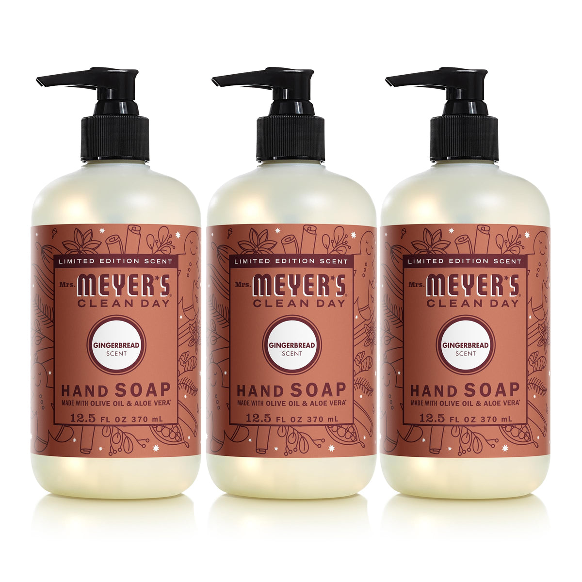 Mrs. MEYER'S Clean Day Gingerbread hand soap bottle ready for festive handwashing