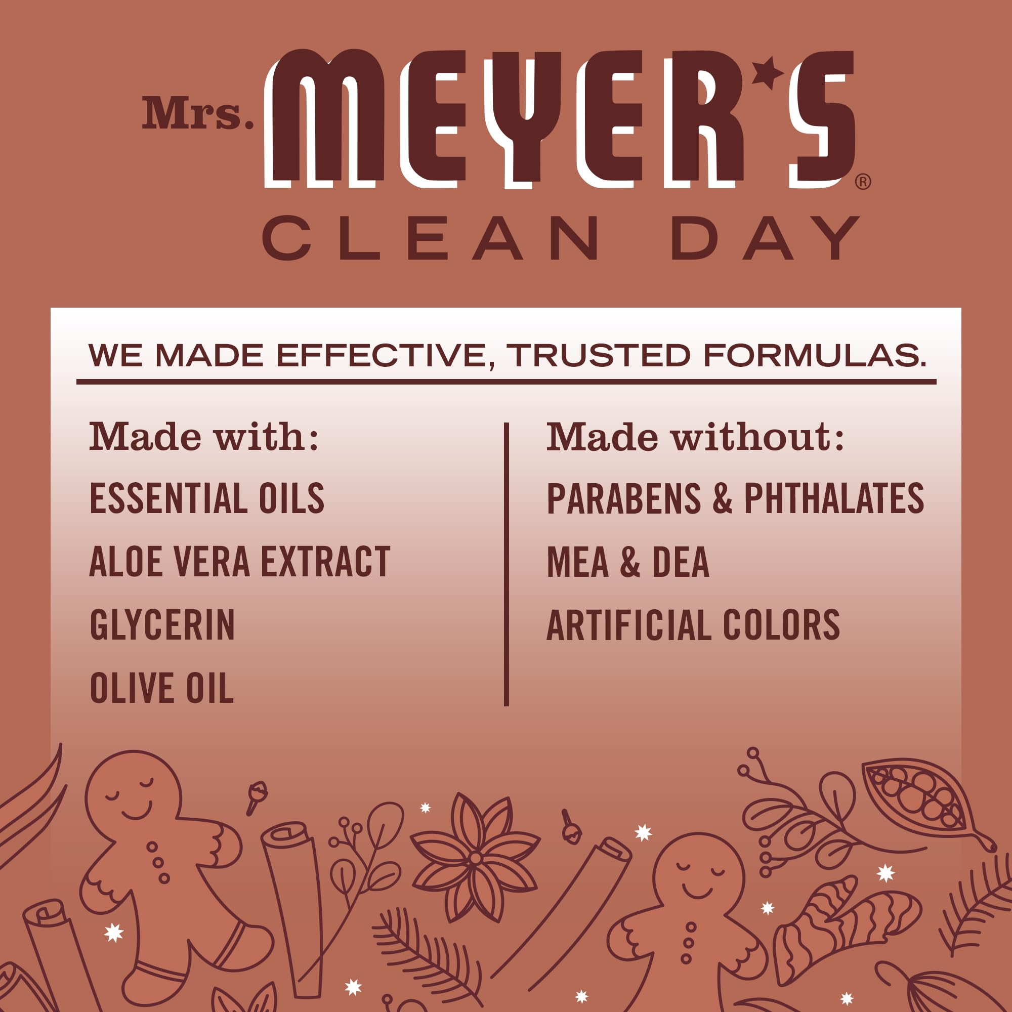 Gingerbread scent label on Mrs. MEYER'S hand soap for seasonal home aroma
