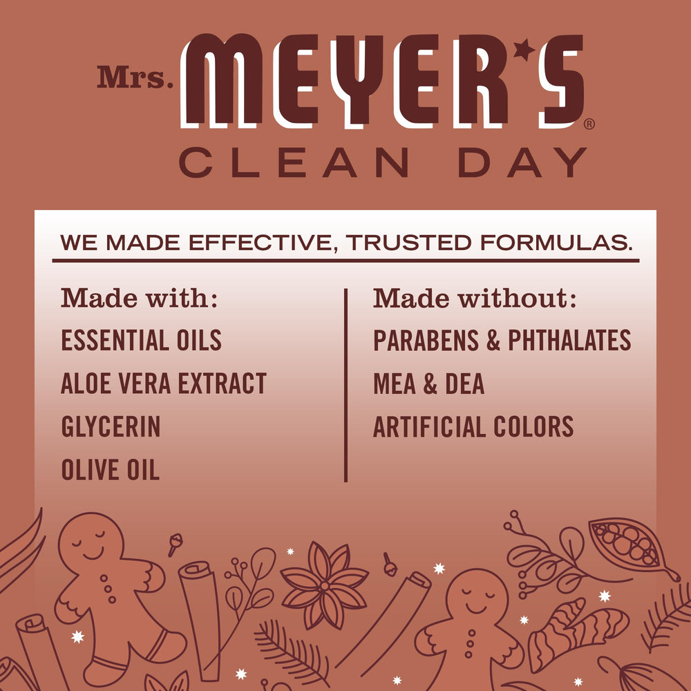 Gingerbread scent label on Mrs. MEYER'S hand soap for seasonal home aroma