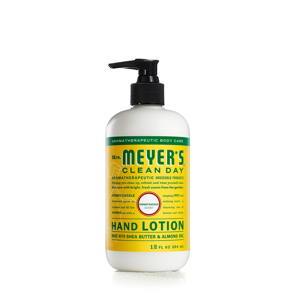 Lotion pour les mains Mrs. Meyer's Clean Day au chèvrefeuille, flacon élégant, hydratation légère.