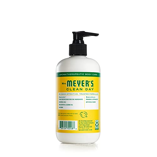 Lotion mains Mrs. Meyer's Clean Day, application crèmeuse non gras, douceur rapide.