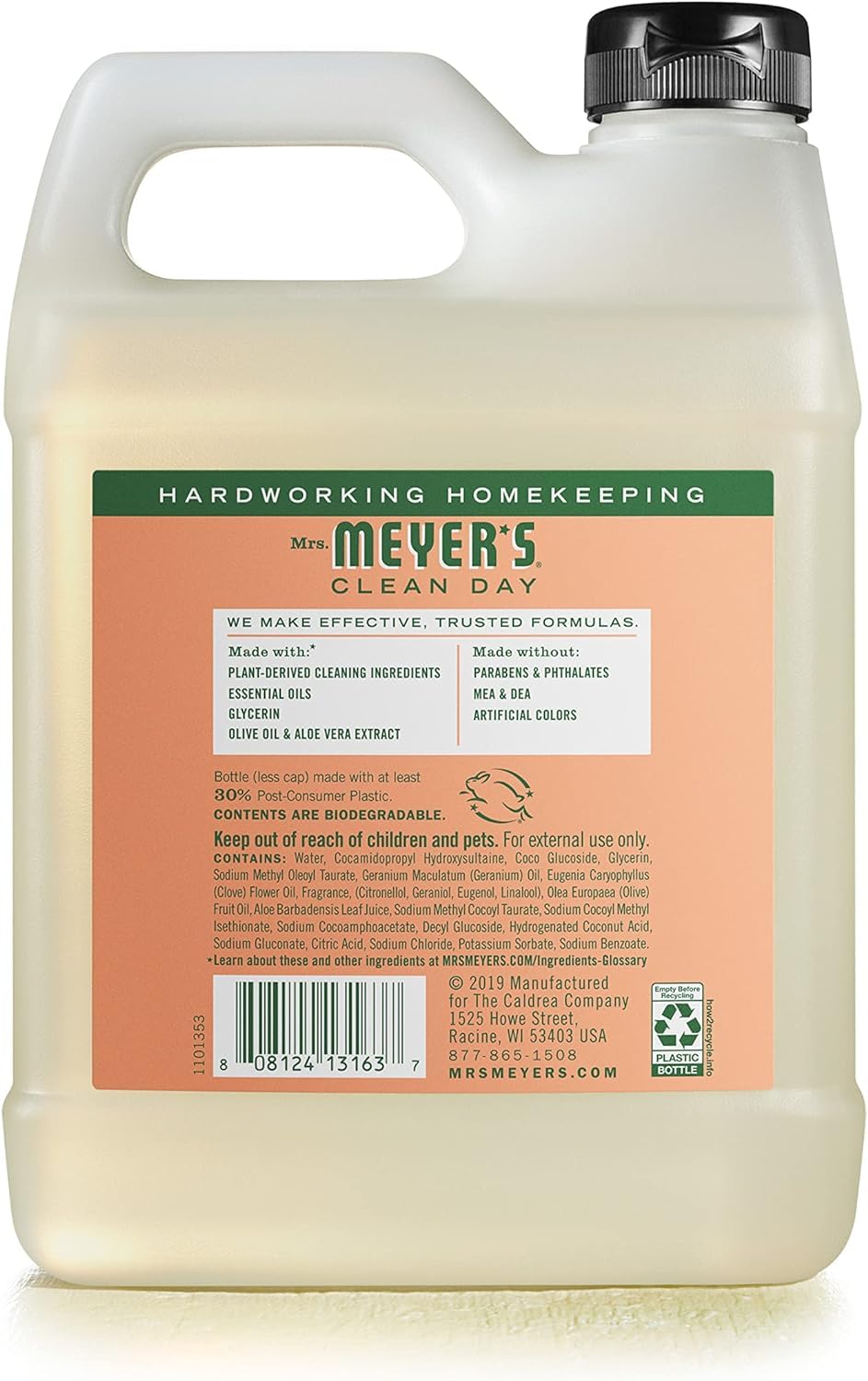 Flacon de savon mains Mrs. Meyer's avec formule hydratante à l'aloé et olive.