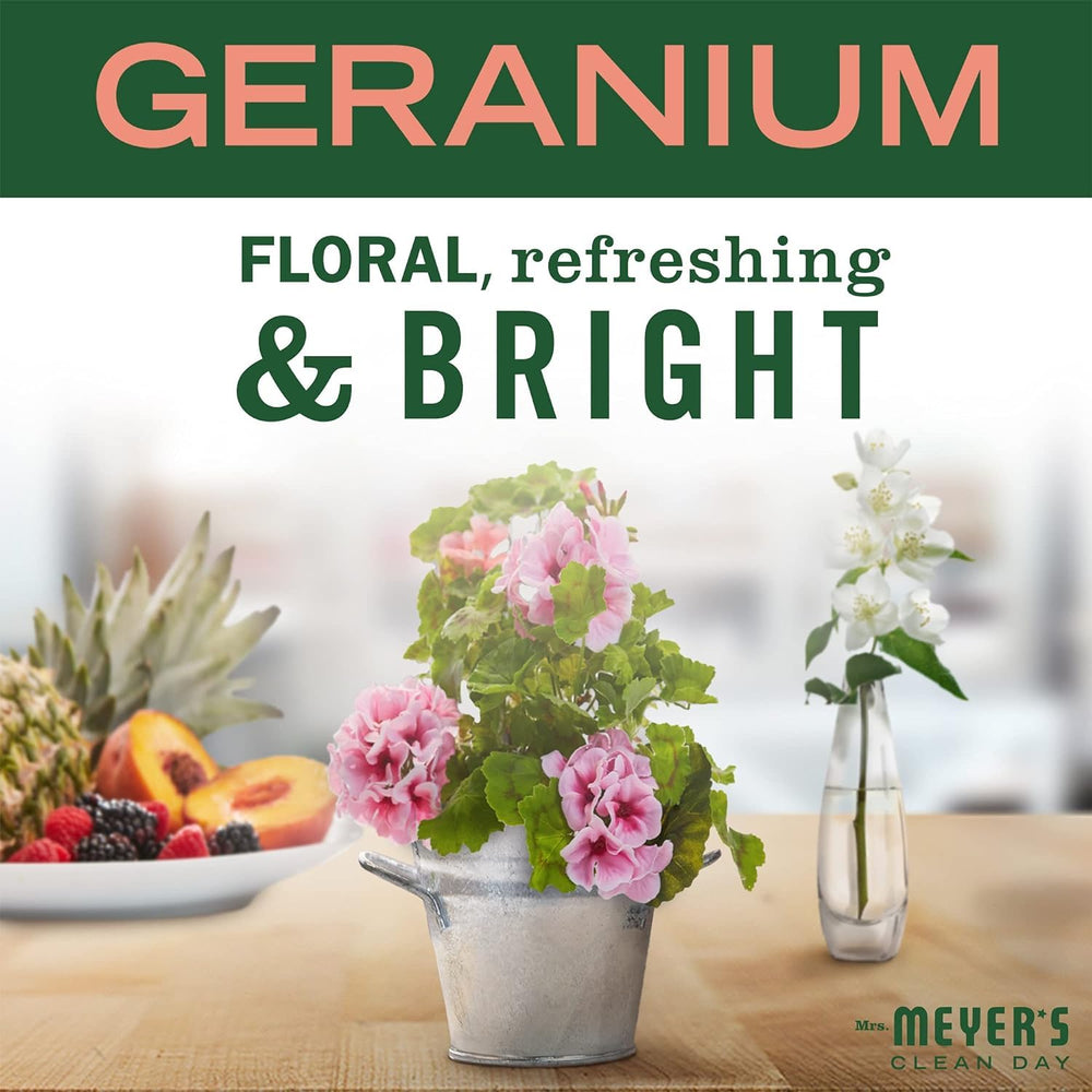 Emballage inspiré du jardin Mrs. Meyer's, senteur geranium pour une maison fraîche.